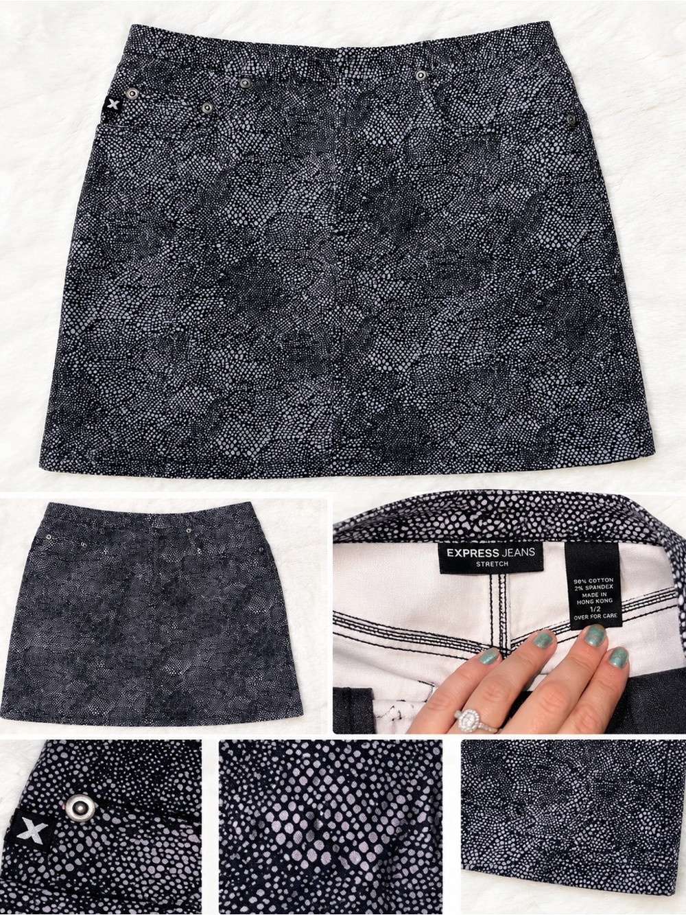 (Express Jeans Co) Women’s Printed Spec Navy Mini-Skirt (Size14)